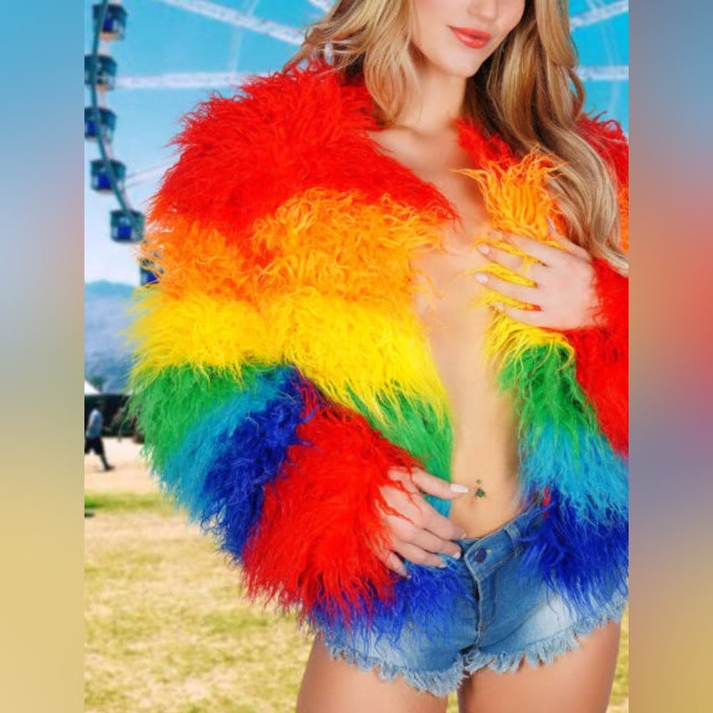Nu Shuz Gay Key West Vibrant Rainbow Color Block Faux Fur Teddy Jacket
